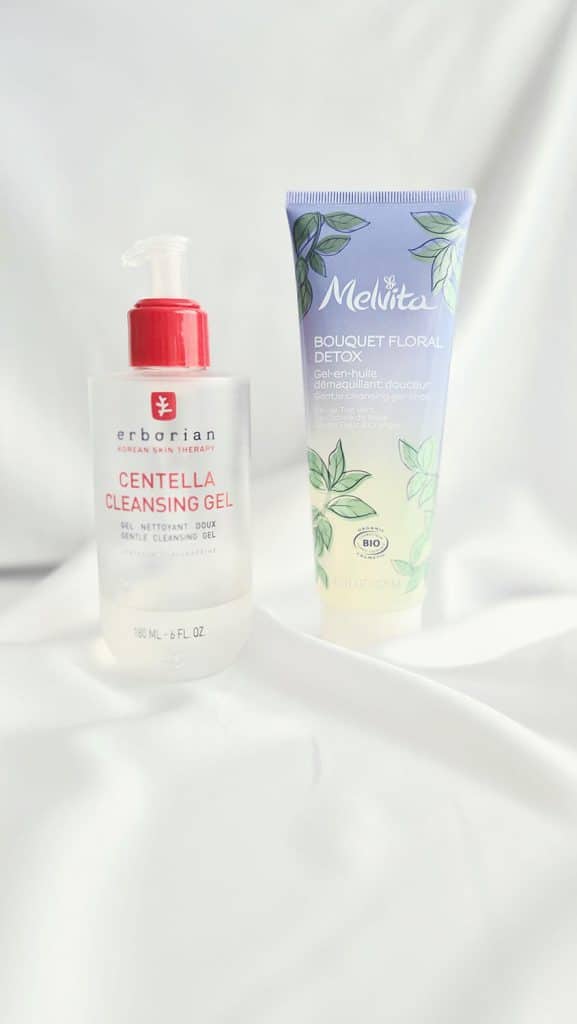 Routine double nettoyage avec le gel-en-huile Melvita Bouquet Floral Detox et le gel nettoyant Centalla Erborian