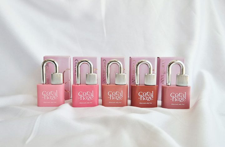 Glow Lock Jelly Tint Coralhaze avis : photo des cinq teintes testées après deux semaines d'utilisation.